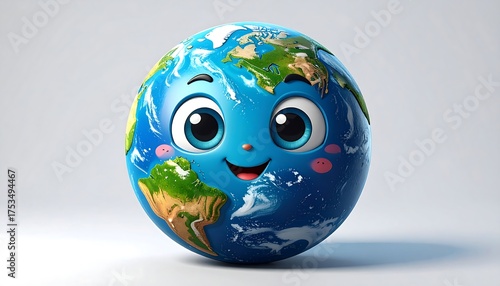 Fototapeta Naklejka Na Ścianę i Meble -  A smiling cartoon version of planet Earth, with blue oceans, green landmasses, and expressive eyes and rosy cheeks, on white