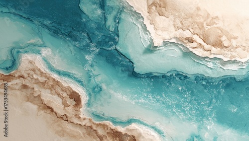 Abstract view of waters and land, rendered with a marbled, flowing effect