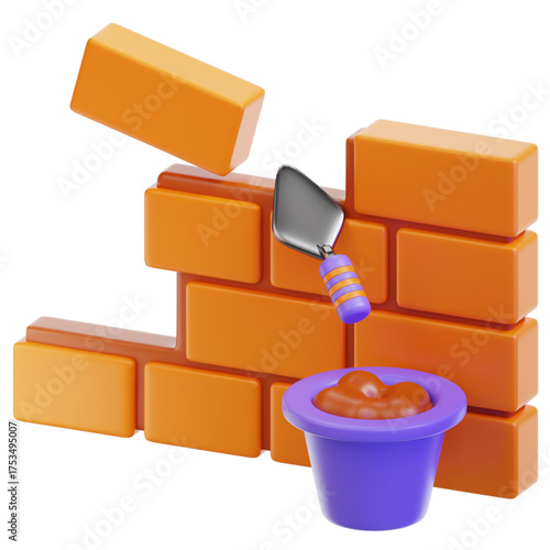 3D illustration of a brick wall construction with a trowel and mortar. Perfect for construction, building, and development projects