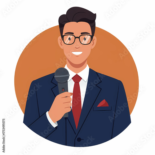 Smiling male presenter in a blue suit and glasses holding a microphone, an ideal vector illustration for corporate communication, event promotion, new
