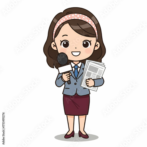 Cartoon female journalist with microphone and papers, for news websites, educational content, media branding, communication apps, and public relations