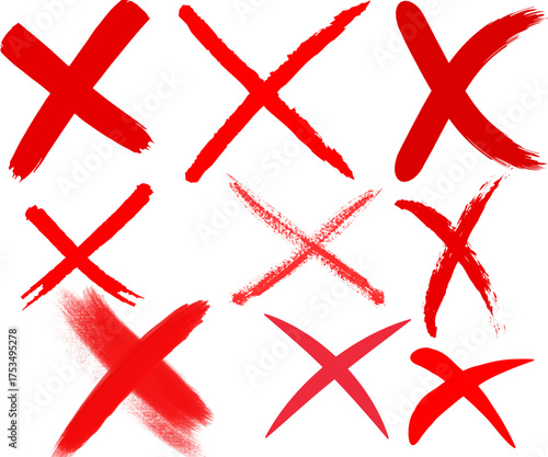 A collection of hand-drawn red X marks in various brush stroke styles on a white background.
