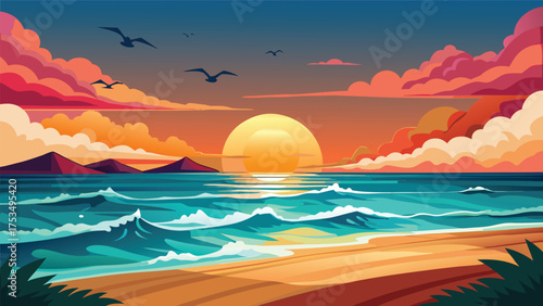 beach sunset poster with waves and seagur.