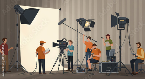 Film and video production team operating cameras, lighting, and sound gear in a studio. Useful for media websites, educational content, and production