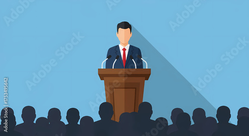 Professional flat design illustration of a speaker at a podium addressing an audience, perfect for corporate presentations, event brochures, education