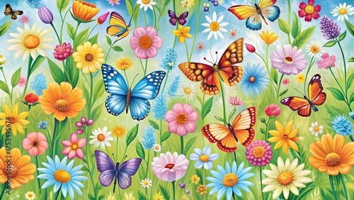 Vibrant meadow teeming with colorful butterflies and diverse wildflowers in full bloom under a bright blue sky