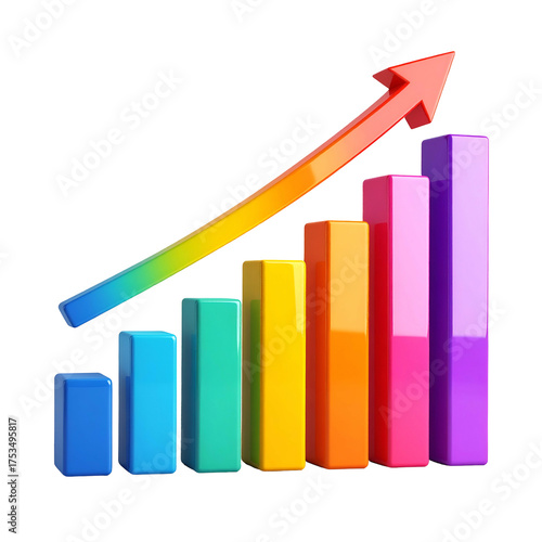 Free Download A colorful 3D bar chart shows upward trend with rainbow arrow on black background - GFXLoad