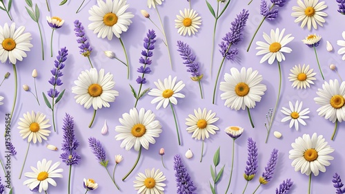 A delicate and serene pattern of white daisies and purple lavender flowers scattered on a soft lavender background