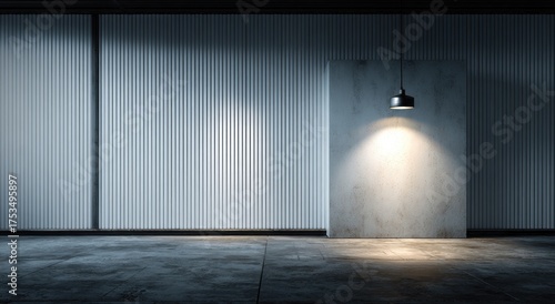 Fototapeta Naklejka Na Ścianę i Meble -  Empty, modern room with textured walls, concrete floor, and a single hanging light