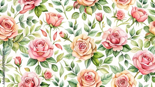 Beautiful seamless pattern of watercolor roses in shades of pink and peach, with lush green leaves and buds on a white background