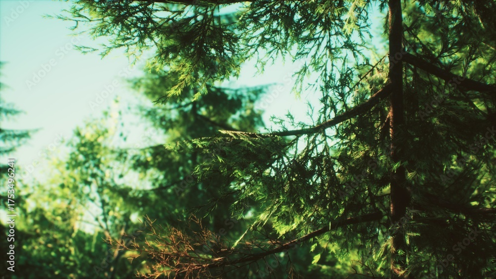 Fototapeta premium Sunlight filters through lush green treetops, creating a peaceful atmosphere. Branches dance softly in the breeze, inviting a sense of calm and connection with nature.