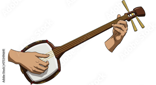 Traditional Japanese Shamisen Instrument Played by Hands, a Folk Music Stringed Performance