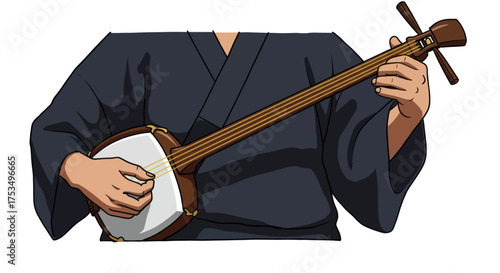 Japanese Traditional Music Performer Playing the Shamisen Instrument