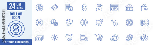 Dollar and Currency web icons in line style. Contains icons as dollar, money, currency, bank, finance, payment, world currency and more. Vector illustration.
