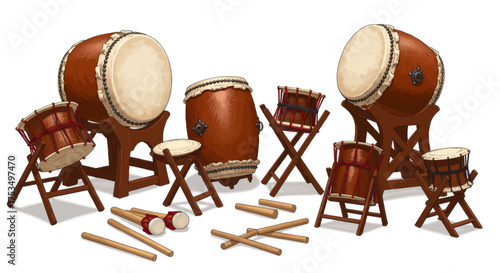 Collection of Traditional Japanese Taiko Drums and Accessories on Stands