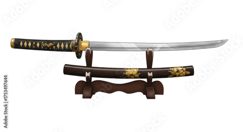 Japanese Katana Sword Displayed on a Traditional Wooden Stand with Decorative Accents