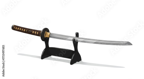 Elegant Japanese Sword Displayed on a Traditional Stand - A Symbol of Samurai Heritage