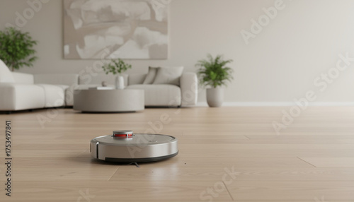 Sleek Robot Vacuum in Modern Living Room – Product Photography