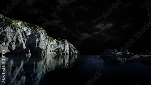 Bild auf Leinwand Under a starry sky, dark cliffs rise majestically by a tranquil lake