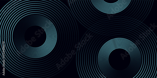 Blue abstract background with glowing circles. Swirl circular lines pattern. Geometric spiral. Twirl element. Modern graphic design. Futuristic technology concept.