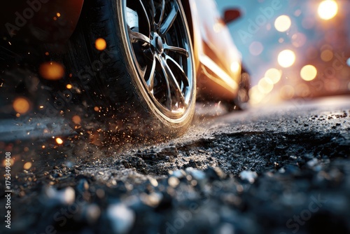 A close-up of a sports car tire churning up gravel as it speeds down a city road