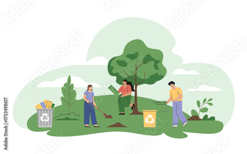 Diverse group actively planting young trees in lush green community garden