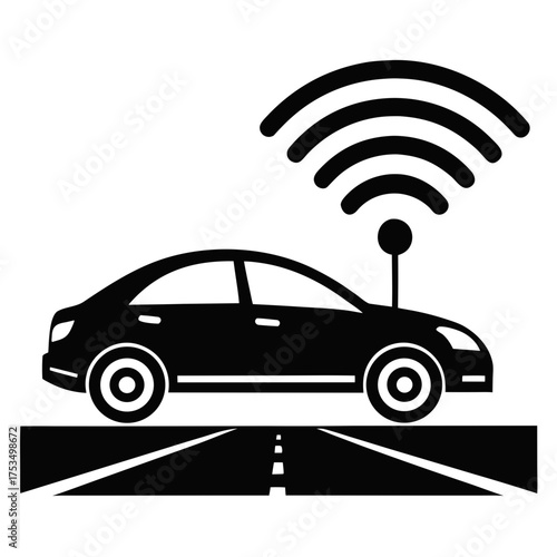 Black silhouette of a self driving car on a road with wifi signal
