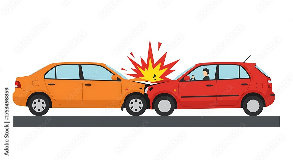 Obraz premium Car accident illustration with two vehicles crashing head on impact