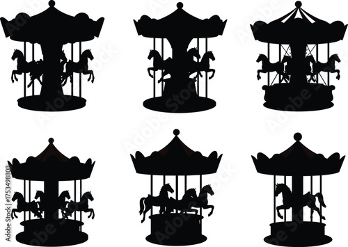 PrintCarousel silhouette collection, vintage amusement park rides, nostalgic fairground horses, black vector illustration, whimsical merry-go-round icons, retro spinning ride artwork, childhood t