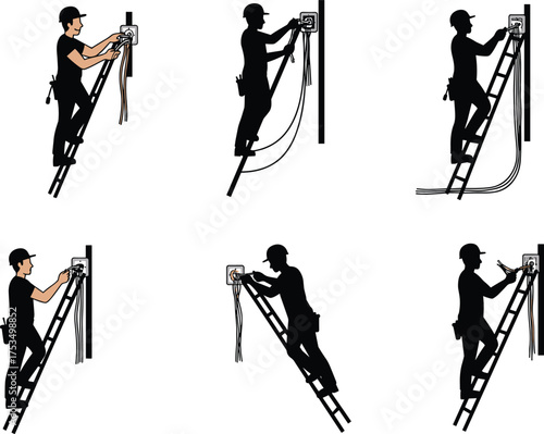 Electrician working on panel, ladder safety posture, helmet protection, wiring maintenance, electrical repair, technician tools, vertical panel setup, construction site, safe work practices,