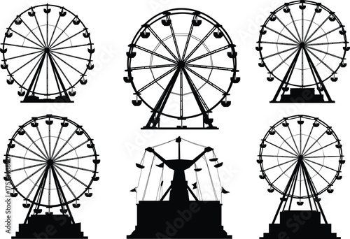PrintFerris wheel and swing ride silhouettes, amusement park attractions, black vector illustration, carnival gondolas, fairground excitement, nostalgic theme park icons, rotating ride artwork