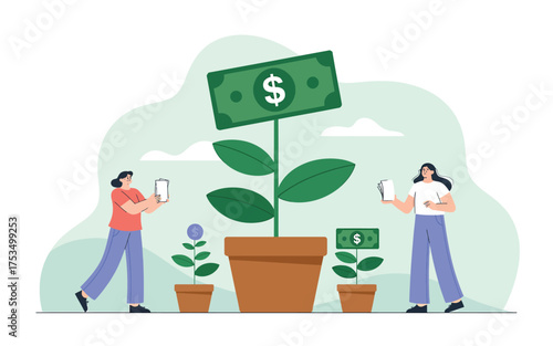 People cultivating money plant symbolizing financial growth and investment success