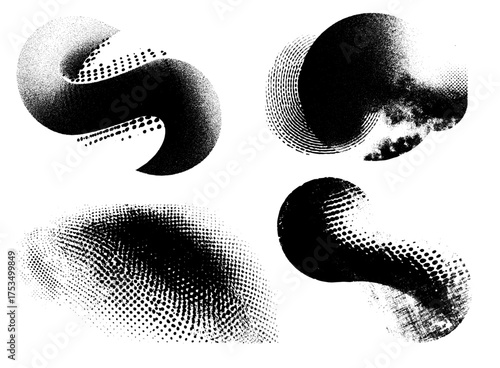 Abstract halftone grunge shapes in black and white minimalist design for modern posters, layouts and digital backgrounds