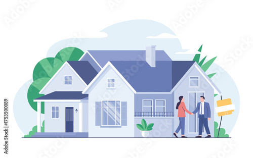 Real estate transaction people shaking hands in front of dream home purchase agreement