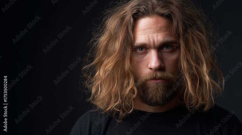 Fototapeta premium A pensive Caucasian man with wild hair channels Viking saga energy, perfect for World Beard Day and storytelling festivals