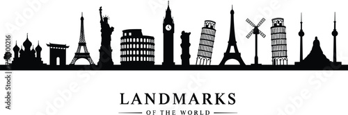 Black silhouette skyline of famous world landmarks and buildings architecture