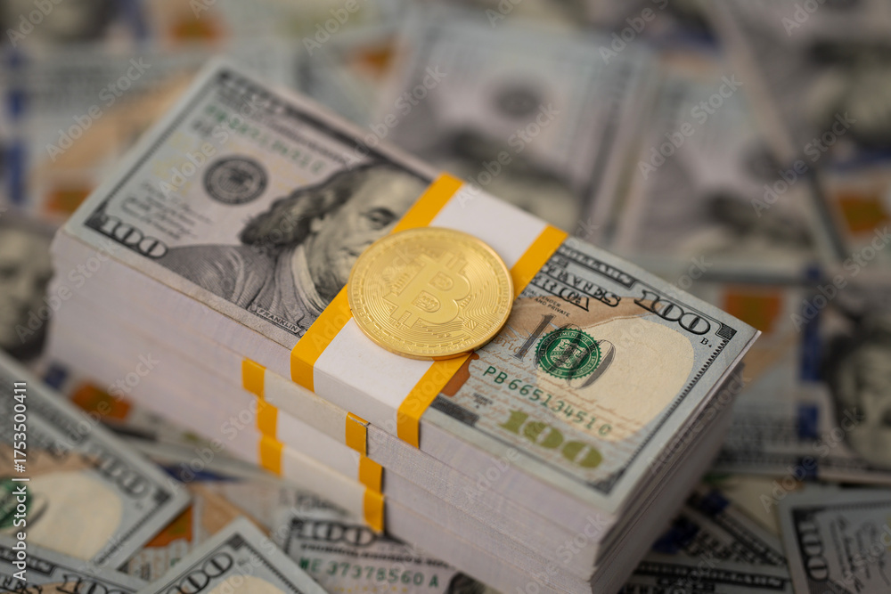 Fototapeta premium Bitcoin and cash money. Crypto coins and banknotes background. BTC coin with dollar bills concept. Cryptocurrency and savings. Blockchain and bitcoin. Virtual money and cash concept.