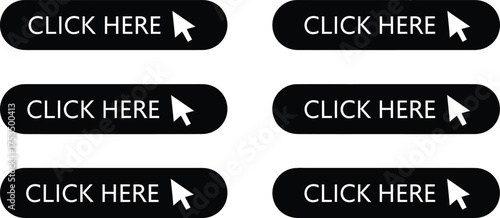 Vector art of collection of six black click here buttons with a cursor icon, isolated on a