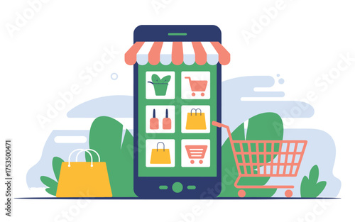 Mobile online shopping experience with products and shopping cart on a smartphone