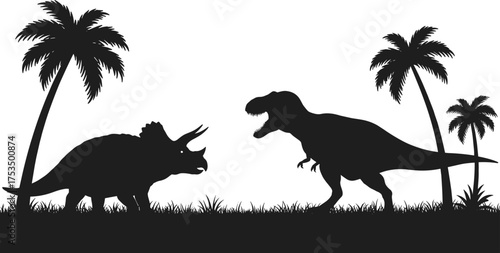 Black silhouette of Tyrannosaurus Rex and Triceratops dinosaurs on grassy ground with palm trees prehistoric