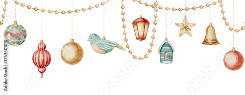 Seamless watercolor pattern with Christmas ornaments, baubles, and festive decorations. Illustration of Xmas border for New Year wrapping paper or greeting cards. Art with garlands for invitations.