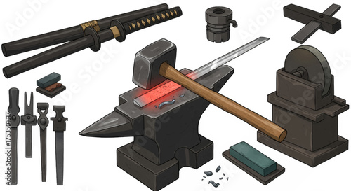 Anvil with Hammer and Japanese Sword Making Tools