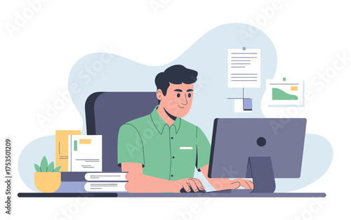 Office worker typing on computer desk with documents and chair in modern workspace