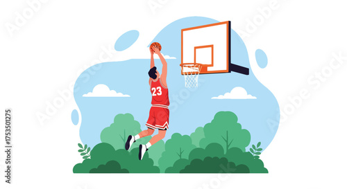Flat style illustration of a man jumping to dunk a basketball outdoors, symbolizing athletic strength, determination, and the excitement of competitive sports