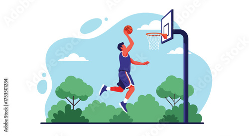 Flat style illustration of a man jumping to dunk a basketball outdoors, symbolizing athletic strength, determination, and the excitement of competitive sports
