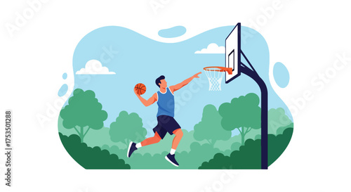 Flat style illustration of a man jumping to dunk a basketball outdoors, symbolizing athletic strength, determination, and the excitement of competitive sports