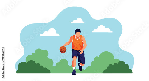 Flat style illustration of a man playing basketball outdoors, dribbling the ball with focus and energy, symbolizing fitness, determination, and an active sports lifestyle