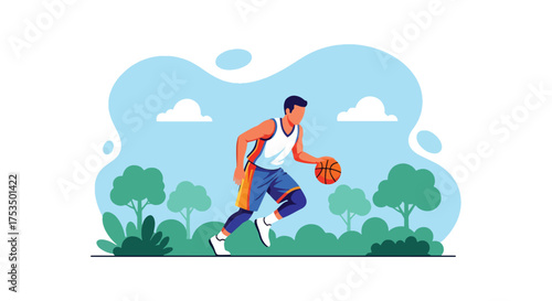 Flat style illustration of a man playing basketball outdoors, dribbling the ball with focus and energy, symbolizing fitness, determination, and an active sports lifestyle