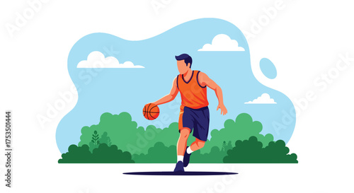 Flat style illustration of a man playing basketball outdoors, dribbling the ball with focus and energy, symbolizing fitness, determination, and an active sports lifestyle