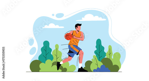 Flat style illustration of a man playing basketball outdoors, dribbling the ball with focus and energy, symbolizing fitness, determination, and an active sports lifestyle